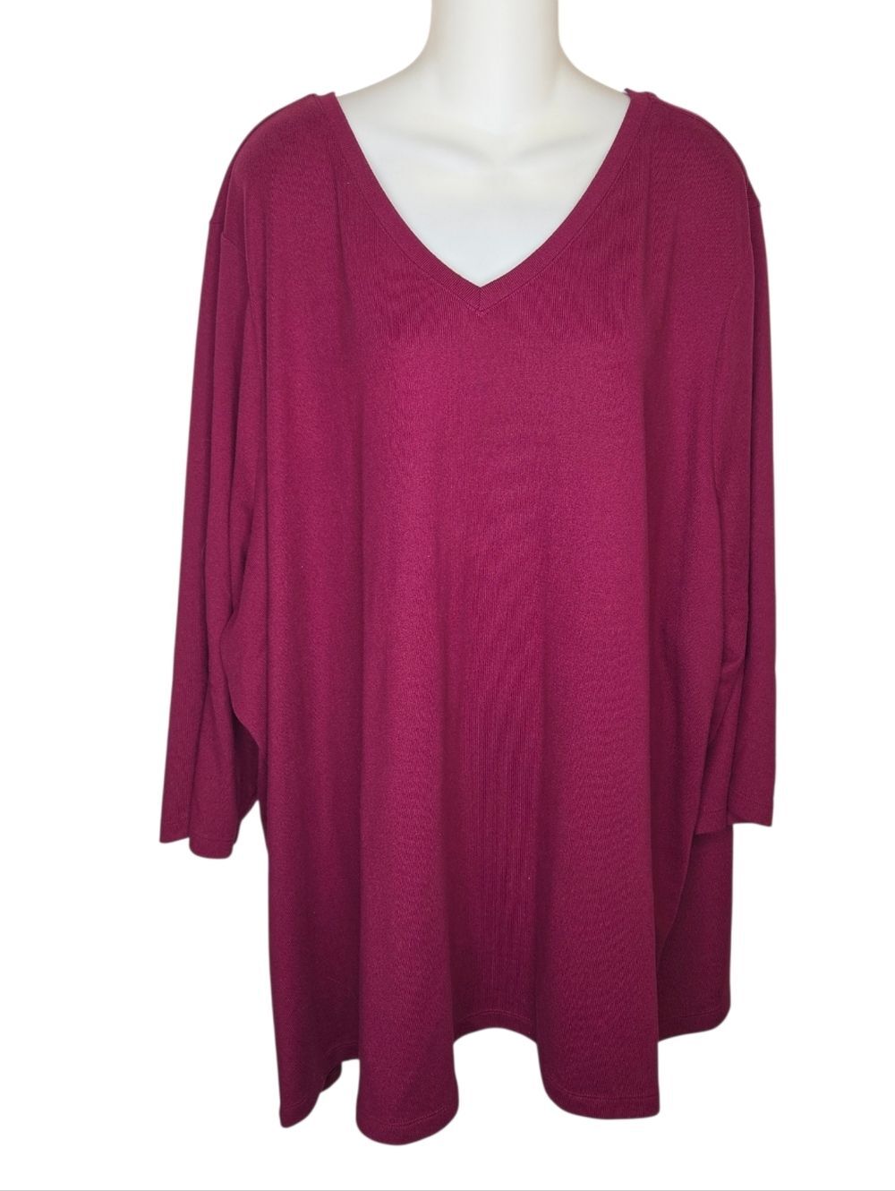 Denim & Co. Essentials Plus Size 5X Tunic, Ribbed Knit V-Neck Top, Burgundy
